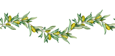 Seamless Pattern. Garland. Watercolor Olive Twigs with Fruits and Leaves. For Packaging Design of Cosmetics, Home Textiles, Invitations, Cafe Menus, Tableware, Stationery, Business Cards, Flyers