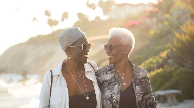 Two Happy Elderly Black Women Walking And Laughing By The LA Seaside Beach, Enjoying Time Together As Close Friends Or A Lesbian Couple