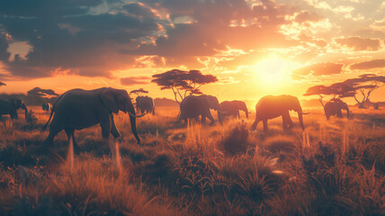 Naklejka premium a herd of elephants walking across a dry grass field at sunset with the sun in the background and a few trees in the foreground. generative ai