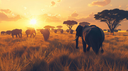a herd of elephants walking across a dry grass field at sunset with the sun in the background and a few trees in the foreground. generative ai