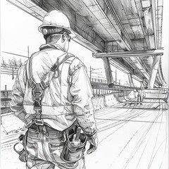 Pencil sketch Express way construction site with unidentified worker laying asphalt 