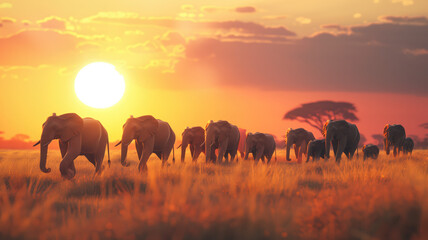 a herd of elephants walking across a dry grass field at sunset with the sun in the background and a few trees in the foreground. generative ai