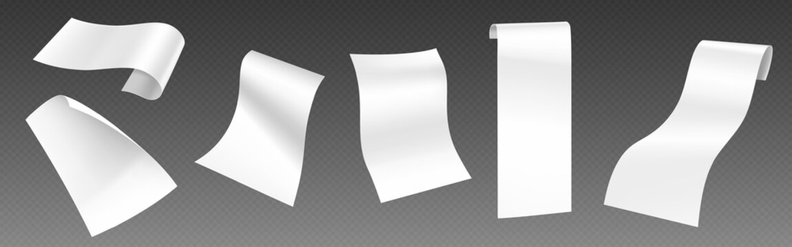 Paper receipt and bill mockup. Realistic 3d vector illustration set of white blank curled shop cash reciept or ticket. Supermarket payment check or invoice empty template. Voucher or cashier recipe.