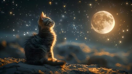 D Cartoon Cat Leaping Towards Stars in a Surreal Lunar Landscape