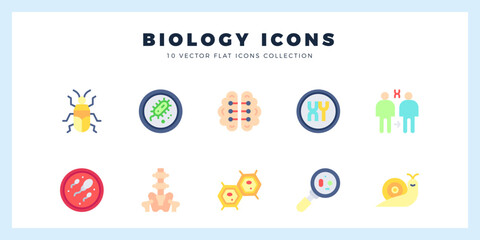 10 Biology Flat icons pack. vector illustration.