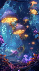 Magical forest with glowing mushrooms, enchanted creatures, vibrant foliage, mystical light, serene atmosphere