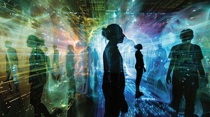 An artistic depiction of human silhouettes merging with digital streams and virtual interfaces, symbolizing the convergence of physical and virtual realities