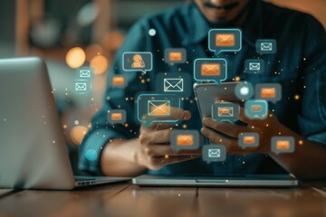 Email, speech bubbles, and phone icons surrounding a businessman