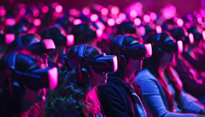 Group of people wearing virtual reality glasses - ai generative