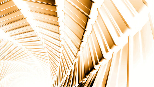 Flight in abstract sci-fi tunnel, futuristic graphics. Design. Spinning neon glowing corridor with metal planks.