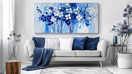 Oil painting of blue and white flowers, ideal for home decor in living room.