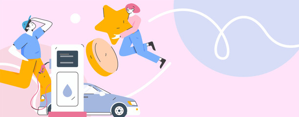 Vector Internet operation hand-drawn illustration of people getting discounts for refueling their cars

