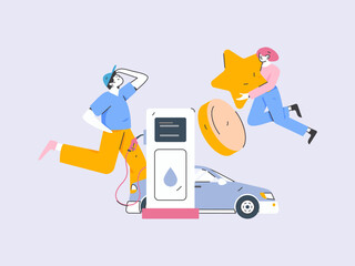 Vector Internet operation hand-drawn illustration of people getting discounts for refueling their cars
