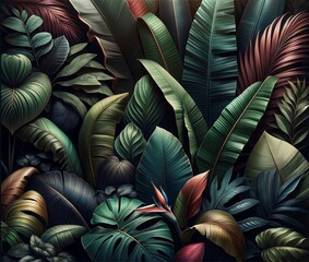 A dense collection of Banana leaves with a variety of shapes and colors