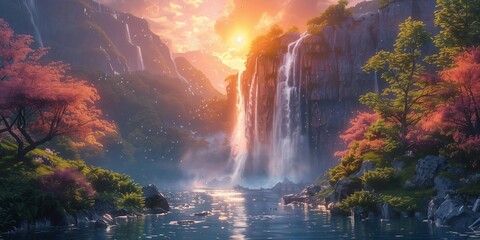 Sunset Glow on the Cascading Falls, generative ai