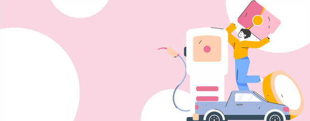 Vector Internet operation hand-drawn illustration of people getting discounts for refueling their cars
