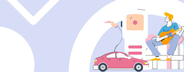 Vector Internet operation hand-drawn illustration of people getting discounts for refueling their cars
