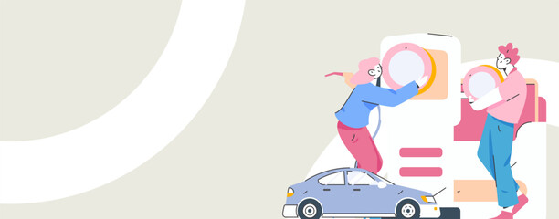 Vector Internet operation hand-drawn illustration of people getting discounts for refueling their cars
