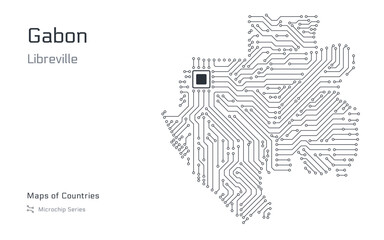 Gabon Map with a capital of Libreville Shown in a Microchip Pattern with processor. E-government. World Countries vector maps. Microchip Series