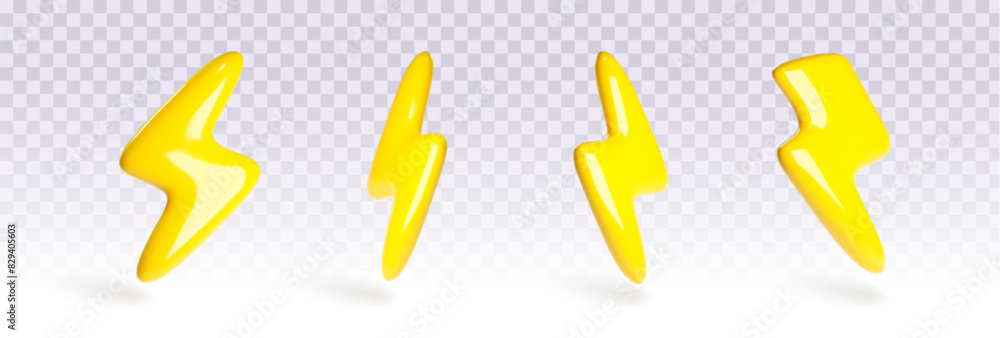 Poster lightning bolt of different shape on transparent background. cartoon 3d vector illustration set of t
