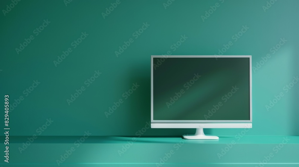 Poster modern computer monitor with minimalistic design on green background