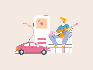 Vector Internet operation hand-drawn illustration of people getting discounts for refueling their cars
