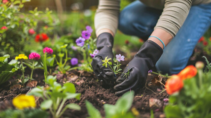 Fototapeta premium Working hands of planting flowers in back yard.
