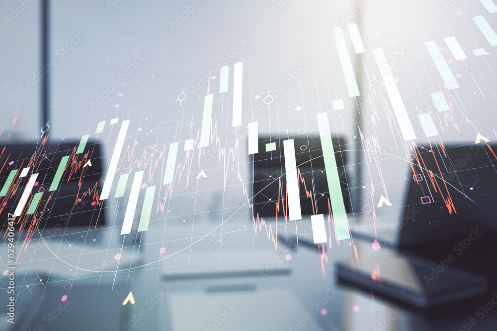 Aufkleber multi exposure of abstract financial diagram and modern desk with computer on background, banking an