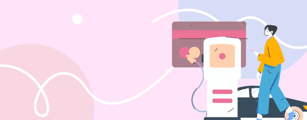 Vector Internet operation hand-drawn illustration of people getting discounts for refueling their cars
