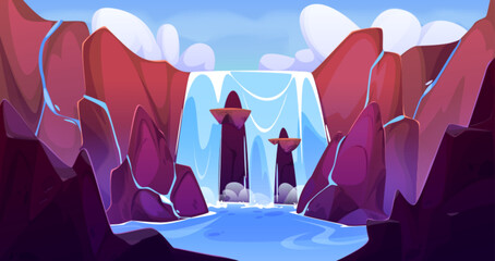 Sunny day landscape with waterfall on rocky cliff mountain. Cartoon vector illustration of high stone hills with water of stream falling down with splashes and drops into lake surrounded with cave.