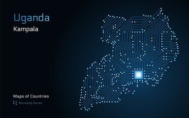 Uganda Map with a capital of Kampala Shown in a Microchip Pattern with processor. E-government. World Countries vector maps. Microchip Series
