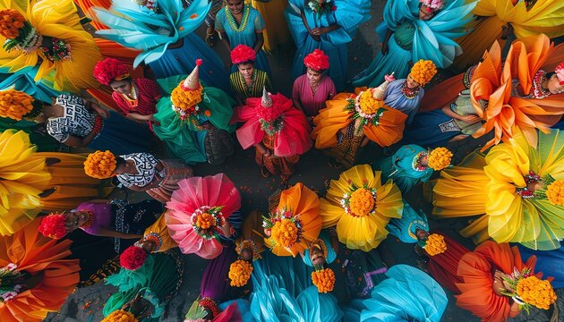 Capture a birds-eye view of a vibrant cultural festival, filled with musical expressions in a harmonious blend of colors, showcasing the essence of unity through diversity