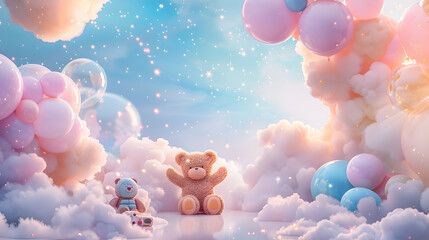 Colorful balloons, fluffy clouds, twinkling stars around man Arch with a stent, big kids toys scattered, cheerful teddy bear.Arch featuring a stent, colorful balloons drifting