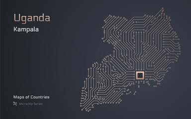 Uganda Map with a capital of Kampala Shown in a Microchip Pattern with processor. E-government. World Countries vector maps. Microchip Series