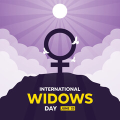 International Widows Day. Gender icon and dove. Great for cards, banners, posters, social media and more. Purple background.