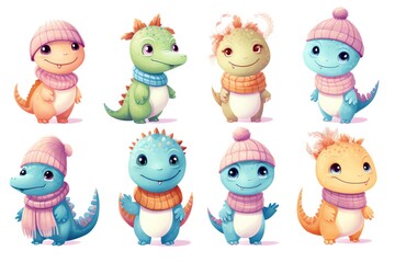 A set of friendly, pastelcolored dinosaurs with cute hats and scarves
