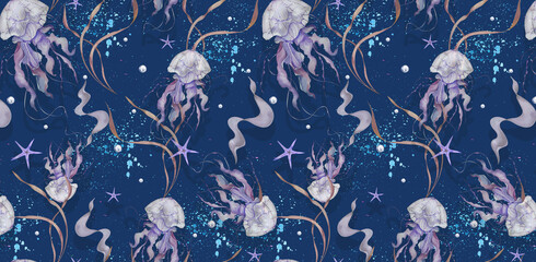 Watercolor Beautiful Jellyfish, Algae, Starfishes. Seamless Pattern. In Lilac Tones. for Postcards, Posters, Flyers, Logos Travel Agencies, Beach Summer Accessories, Travel List, Stationery, Textiles