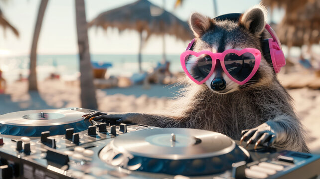 Raccoon Wearing Pink Heart Sunglasses DJing at Beach Party Lively and Fun