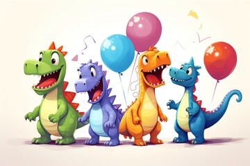 Naklejka premium A set of vibrant dinosaurs each holding a balloon of a different color