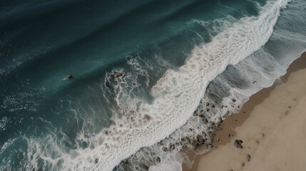 Beach surf line, view from above. Aerial top view on sea beach.