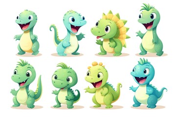 Cute dinosaurs in various shades of green, smiling and waving