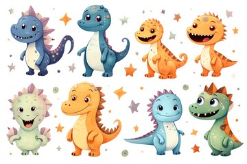 A set of friendly, multicolored dinosaurs with fun shapes like stars and moons on their bodies