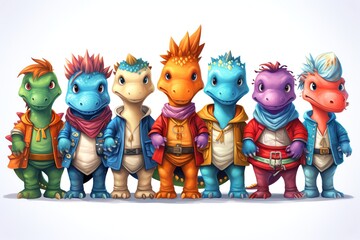 Fototapeta premium A set of multicolored dinosaurs, each wearing a different costume like a pirate, astronaut, or fairy