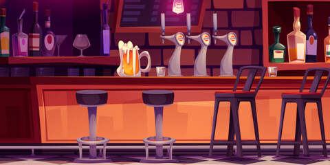 Bar interior with beer glass on counter. Vector cartoon illustration of pub design with alcohol bottles on wooden shelves, brick loft wall, craft drink pump taps on table, stools for nightclub guests