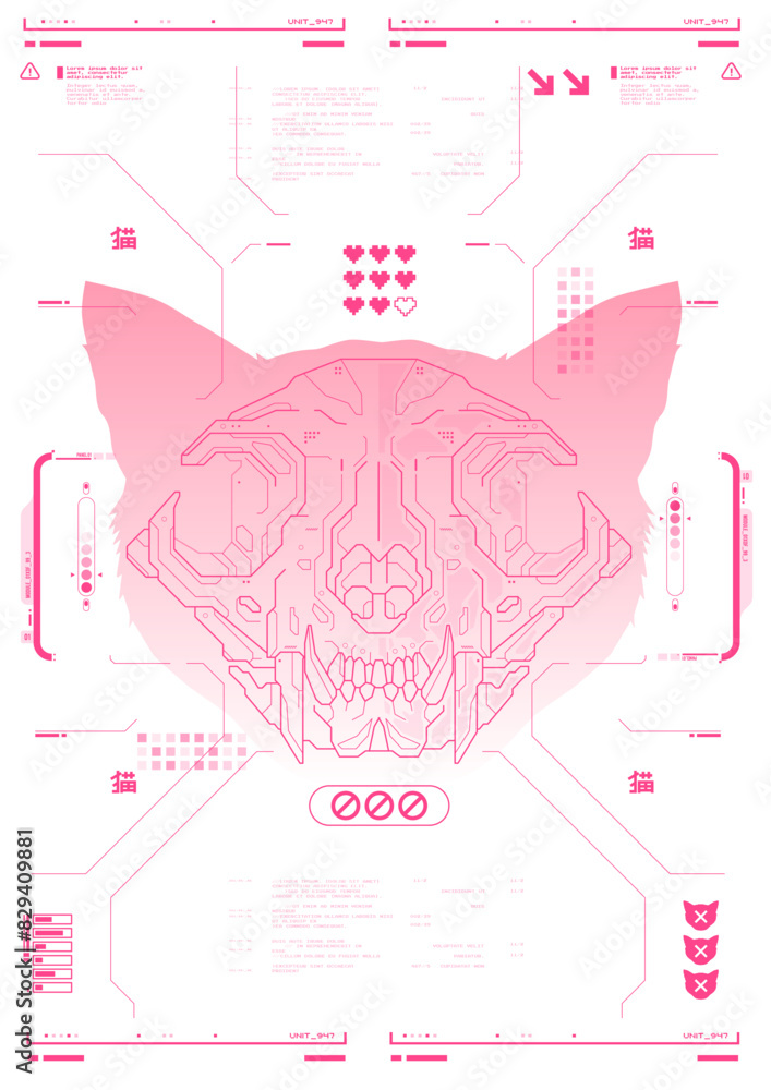 Poster cat skull with hud elements. cyber culture, modern flyer for web and print. hacking, cyberpunk futur