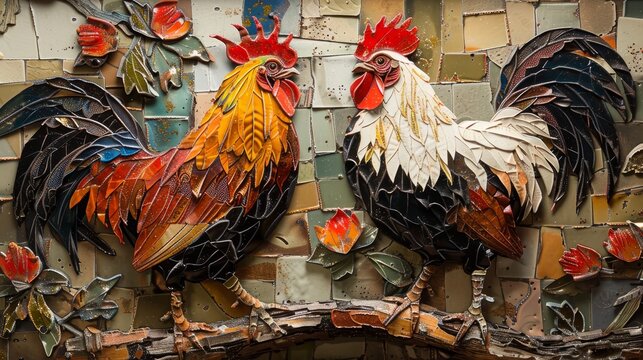 Detailed close-up of two roosters on a wooden perch, their feathers a striking blend of red, black, white, and brown hues