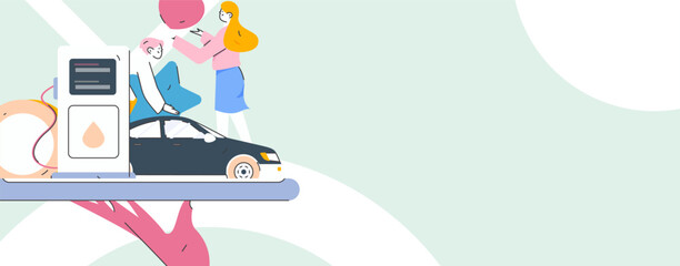 Vector Internet operation hand-drawn illustration of people getting discounts for refueling their cars

