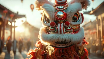 Fototapeta premium Chinese lion dance performer in colorful costume, lively street scene during a festival