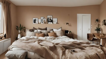 Photo of a cozy bedroom in warm colors.generative.ai