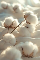 Closeup of fluffy cotton bolls with soft, natural light, highlighting their texture and softness